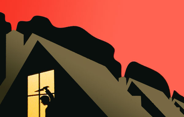 portion of book cover illustration showing man in window with knife