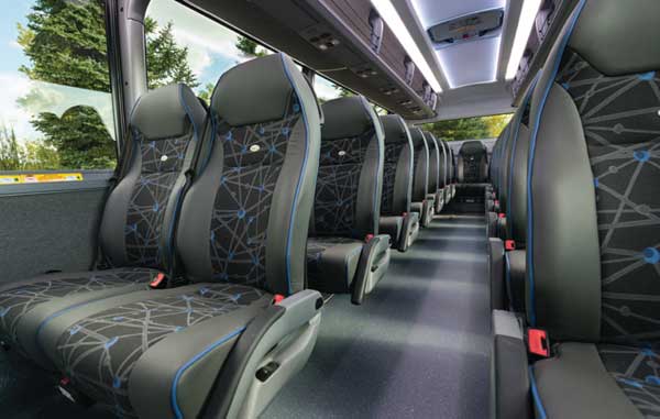 interior of motorcoach looking down the aisle
